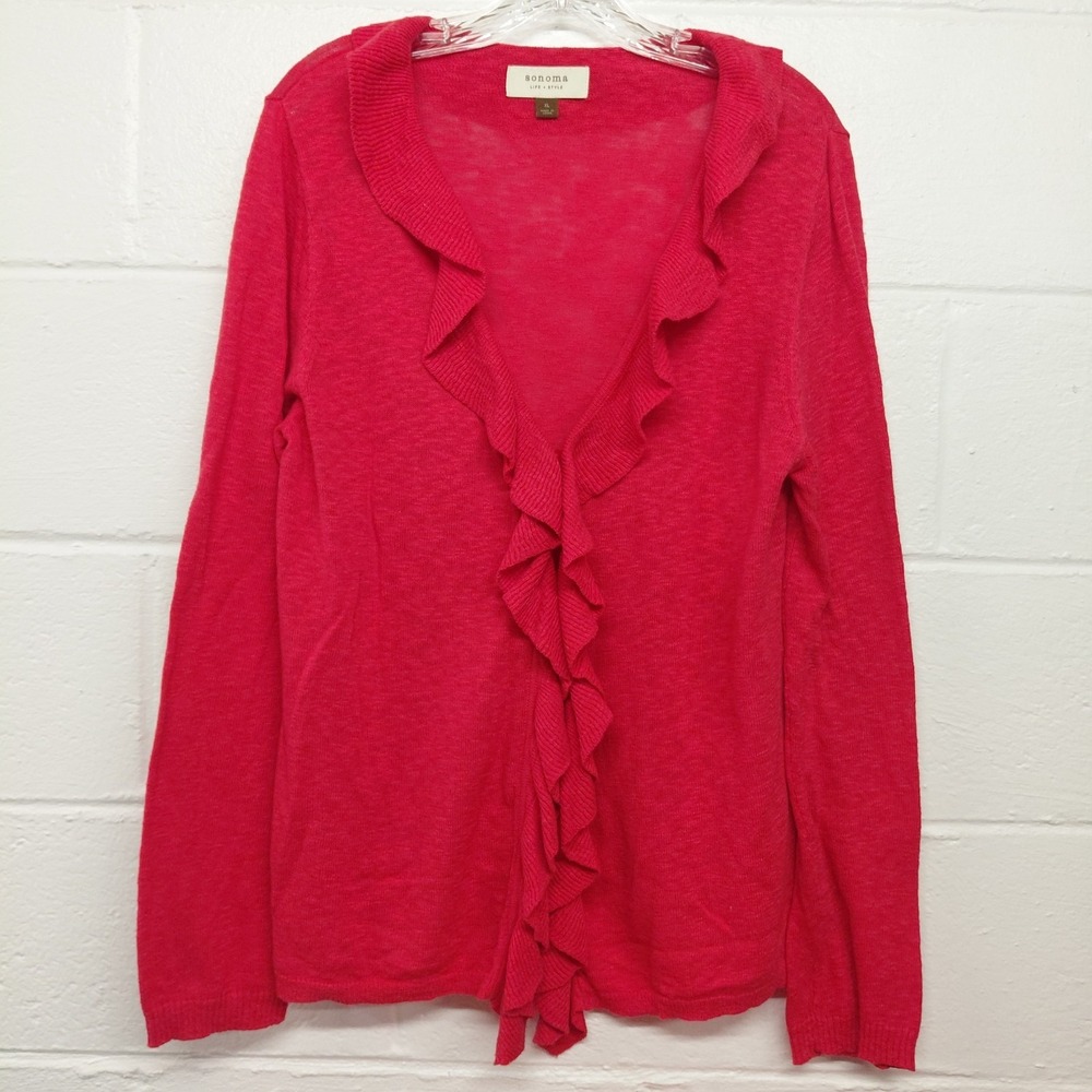 Sonoma Goods For Life Tight Knit Open Cardigan Button Sweater Ruffle Red Sz XL